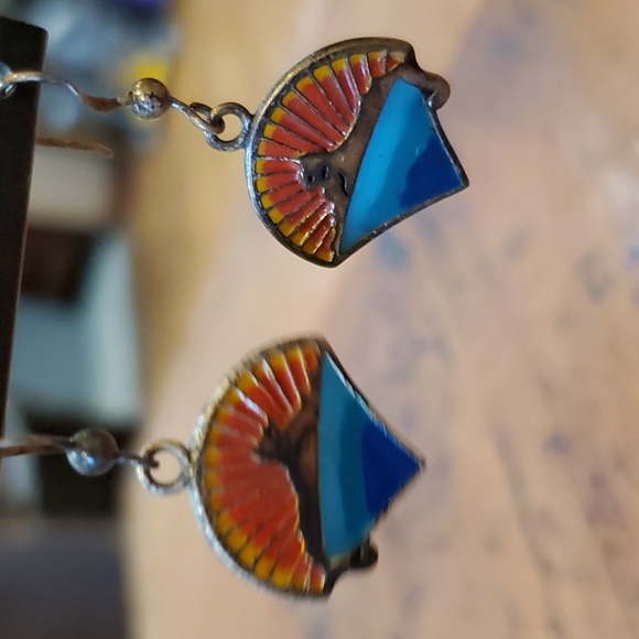 Enamel over Sterling Silver Earrings Egyptian Cats Lions - Picture 3 of 4